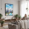 03 - Framed Shanghai China Watercolor Canvas Print - Woman reading in modern Living Room - Vertical.jpg