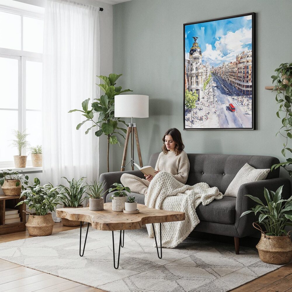 03 - Framed Spain Madrid Watercolor Canvas Print - Woman reading in Boho Living Room - Vertical.jpg 03 - Framed Spain Madrid Watercolor Canvas Print - Woman reading in Boho Living Room - Vertical.jpg
