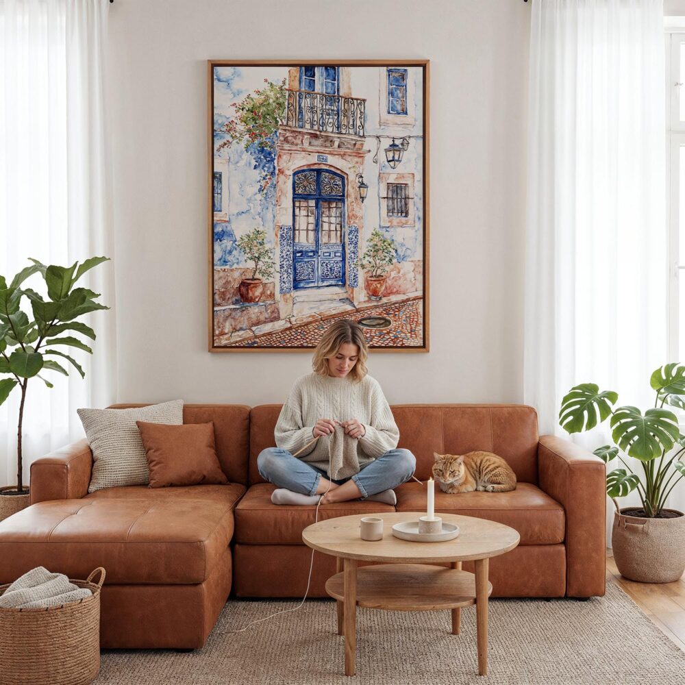 03 - Framed Streets of Lisbon Portugal Watercolor Canvas Print - Woman Knitting - Vertical.jpg 03 - Framed Streets of Lisbon Portugal Watercolor Canvas Print - Woman Knitting - Vertical.jpg