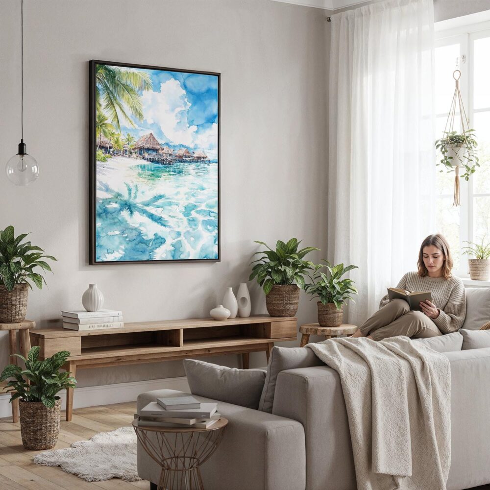 03 - Framed Tahiti Watercolor Canvas Print - Woman reading in modern Living Room - Vertical.jpg 03 - Framed Tahiti Watercolor Canvas Print - Woman reading in modern Living Room - Vertical.jpg