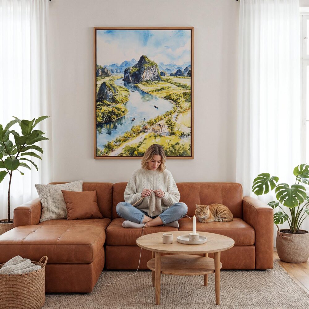 03 - Framed Tam coc ninh binh Watercolor Canvas Print - Woman Knitting - Vertical.jpg 03 - Framed Tam coc ninh binh Watercolor Canvas Print - Woman Knitting - Vertical.jpg