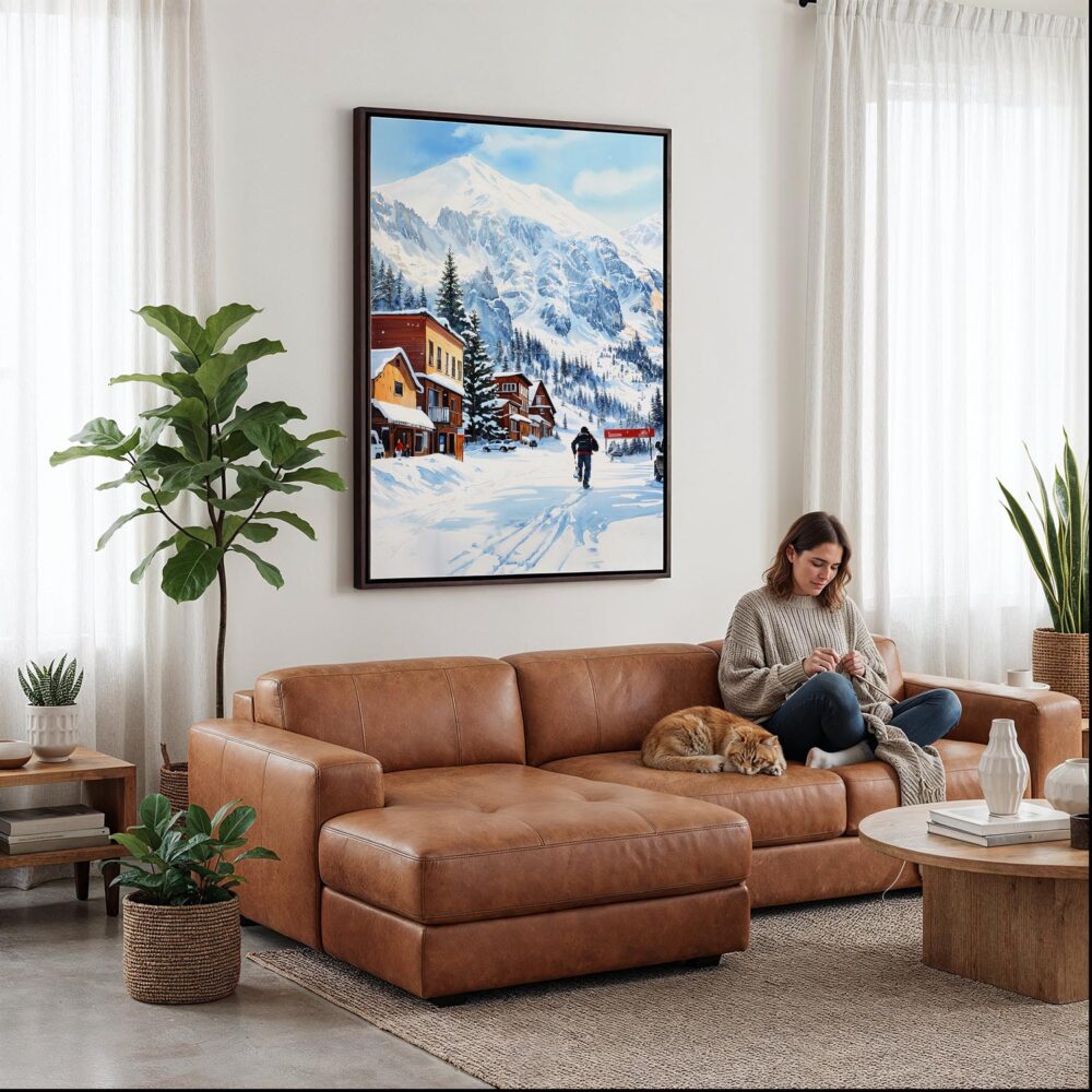 03 - Framed Telluride colorado Watercolor Canvas Print - Woman Knitting on leather couch - Vertical.jpg 03 - Framed Telluride colorado Watercolor Canvas Print - Woman Knitting on leather couch - Vertical.jpg