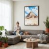 03 - Framed The Pyramids of Giza Watercolor Canvas Print - Woman Knitting on grey couch - Vertical.jpg