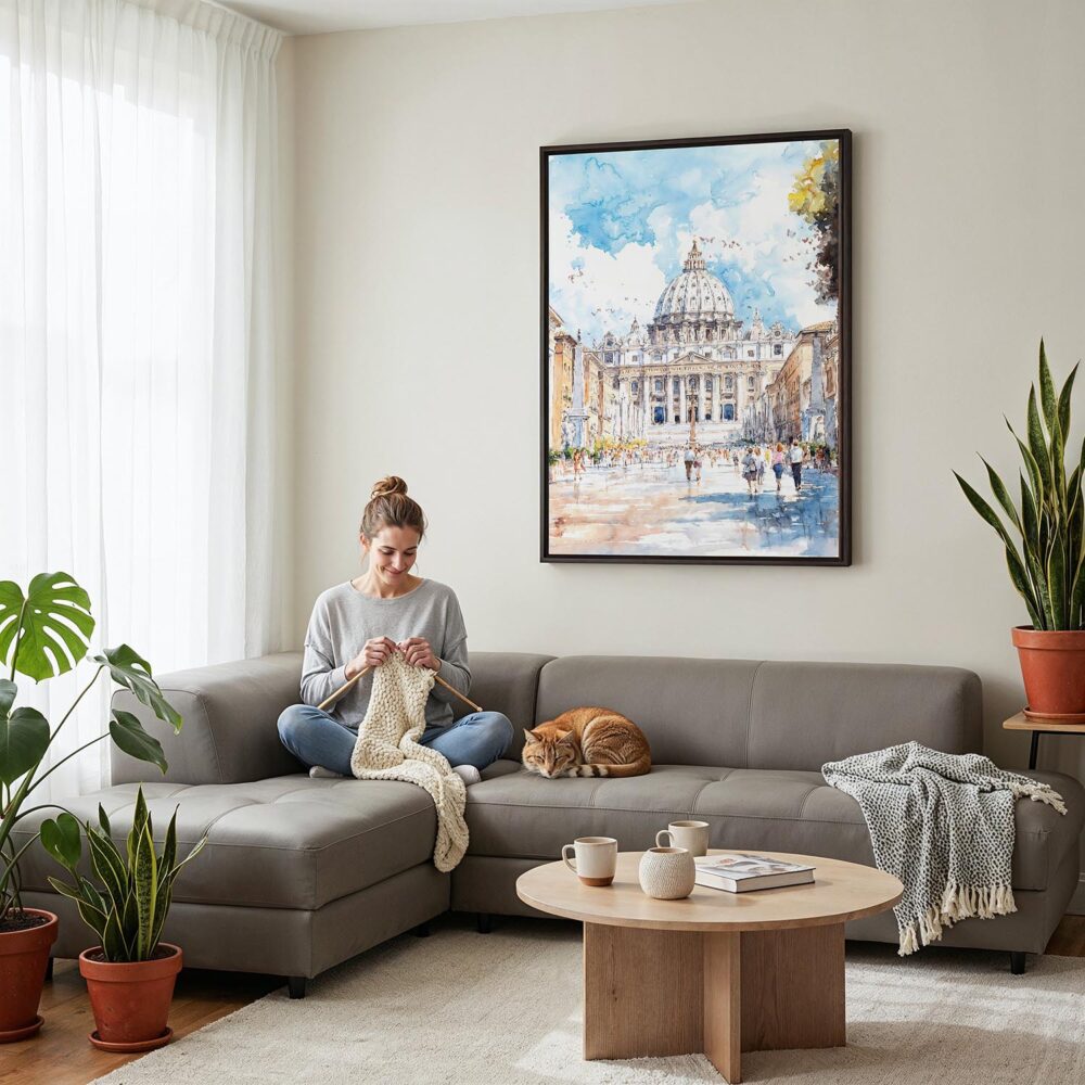 03 - Framed The Vatican Watercolor Canvas Print - Woman Knitting on grey couch - Vertical.jpg 03 - Framed The Vatican Watercolor Canvas Print - Woman Knitting on grey couch - Vertical.jpg