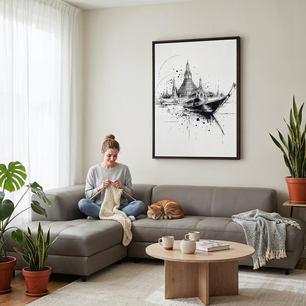 03 - Framed Wat arun with boat - Pencil drawing Canvas Print - Woman Knitting on grey couch - Vertical.jpg 03 - Framed Wat arun with boat - Pencil drawing Canvas Print - Woman Knitting on grey couch - Vertical.jpg