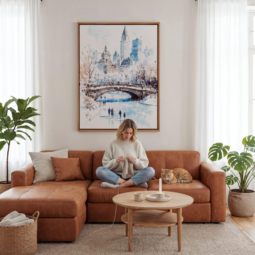 03 - Framed White Christmas Central Park New York Watercolor Canvas Print - Woman Knitting - Vertical.jpg 03 - Framed White Christmas Central Park New York Watercolor Canvas Print - Woman Knitting - Vertical.jpg