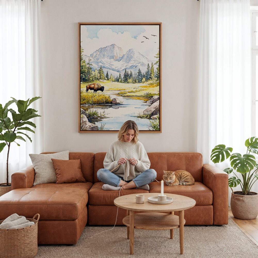 03 - Framed Yellowstone Bison - Watercolor Canvas Print - Woman Knitting - Vertical.jpg 03 - Framed Yellowstone Bison - Watercolor Canvas Print - Woman Knitting - Vertical.jpg