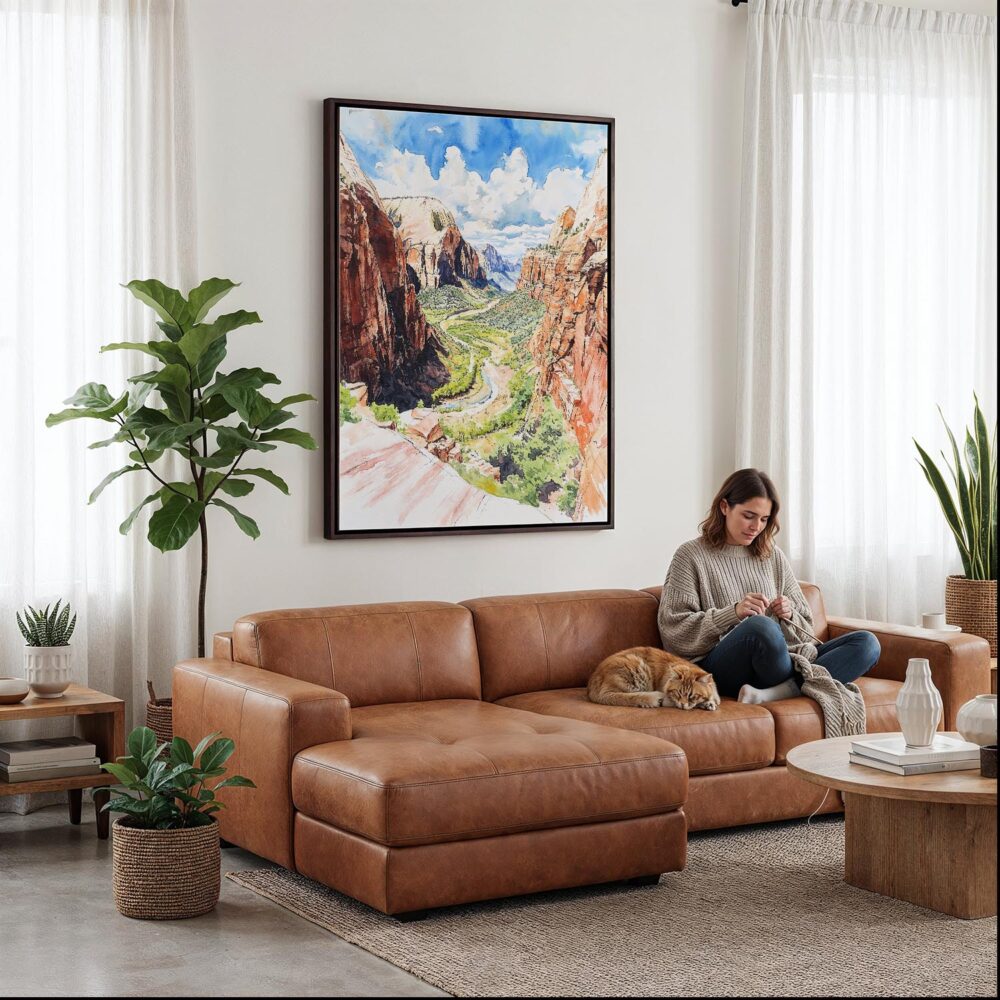 03 - Framed Zion Canyon Watercolor Canvas Print - Woman Knitting on leather couch - Vertical.jpg 03 - Framed Zion Canyon Watercolor Canvas Print - Woman Knitting on leather couch - Vertical.jpg