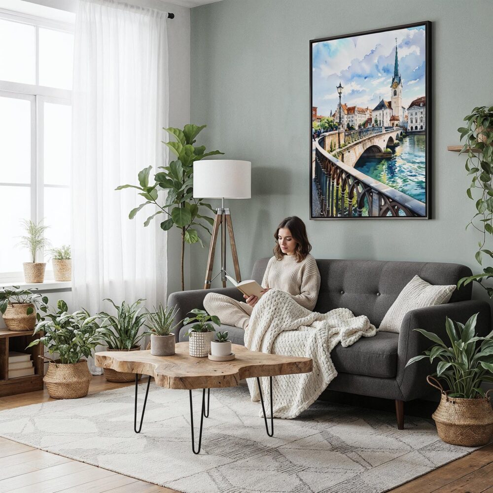 03 - Framed Zurich Switzerland Watercolor Canvas Print - Woman reading in Boho Living Room - Vertical.jpg 03 - Framed Zurich Switzerland Watercolor Canvas Print - Woman reading in Boho Living Room - Vertical.jpg