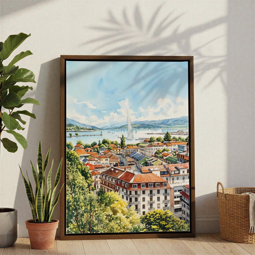 03 - Geneva Switzerland Watercolor Canvas Print with Brown Floater Frame - Standing on Floor - Vertical.jpg 03 - Geneva Switzerland Watercolor Canvas Print with Brown Floater Frame - Standing on Floor - Vertical.jpg