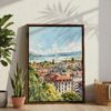 03 - Geneva Switzerland Watercolor Canvas Print with Brown Floater Frame - Standing on Floor - Vertical.jpg