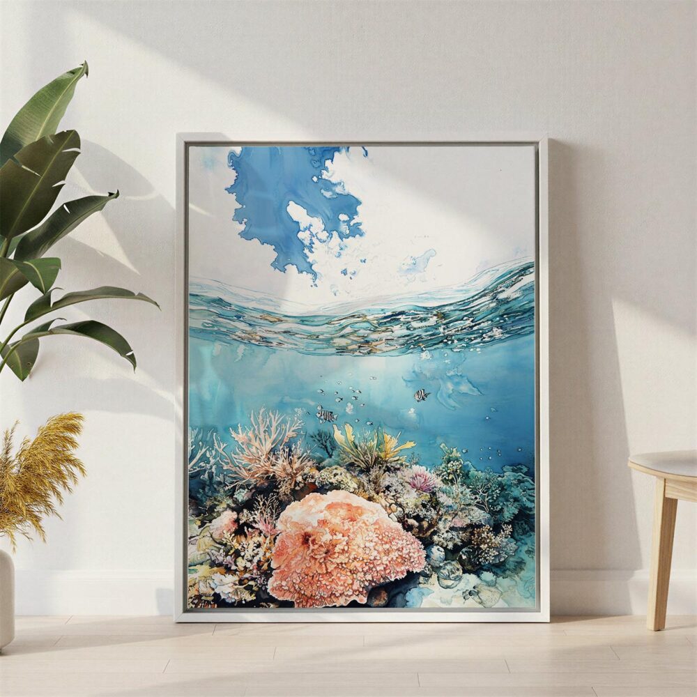 03 - Great Barrier Reef Watercolor Canvas Print with White Floater Frame - Standing on Floor - Vertical.jpg 03 - Great Barrier Reef Watercolor Canvas Print with White Floater Frame - Standing on Floor - Vertical.jpg
