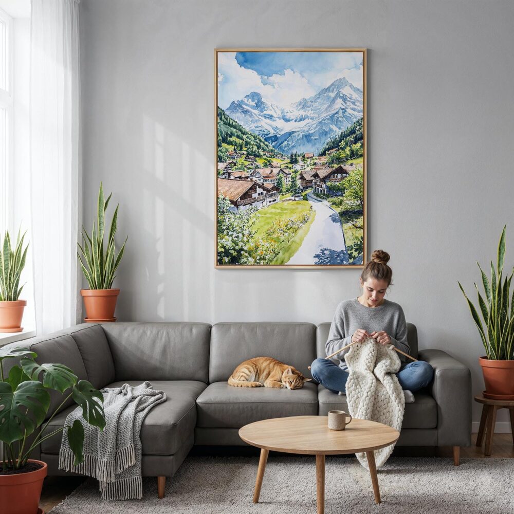 03 - Grindelwald Switzerland Watercolor Canvas Print with Natural Floater Frame - Woman Knitting on grey couch - Vertical.jpg 03 - Grindelwald Switzerland Watercolor Canvas Print with Natural Floater Frame - Woman Knitting on grey couch - Vertical.jpg