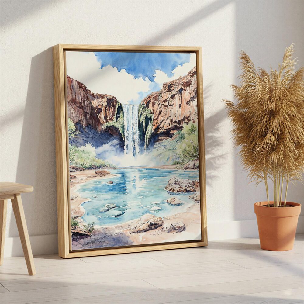 03 - Havasu Falls Watercolor Canvas Print with Natural Floater Frame - Standing on Floor - Vertical.jpg 03 - Havasu Falls Watercolor Canvas Print with Natural Floater Frame - Standing on Floor - Vertical.jpg