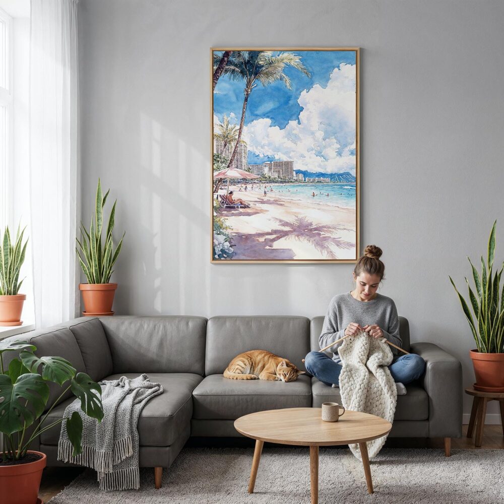03 - Hawaii Honolulu Waikiki - Watercolor Canvas Print with Natural Floater Frame - Woman Knitting on grey couch - Vertical.jpg 03 - Hawaii Honolulu Waikiki - Watercolor Canvas Print with Natural Floater Frame - Woman Knitting on grey couch - Vertical.jpg