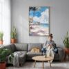 03 - Hawaii Honolulu Waikiki - Watercolor Canvas Print with Natural Floater Frame - Woman Knitting on grey couch - Vertical.jpg