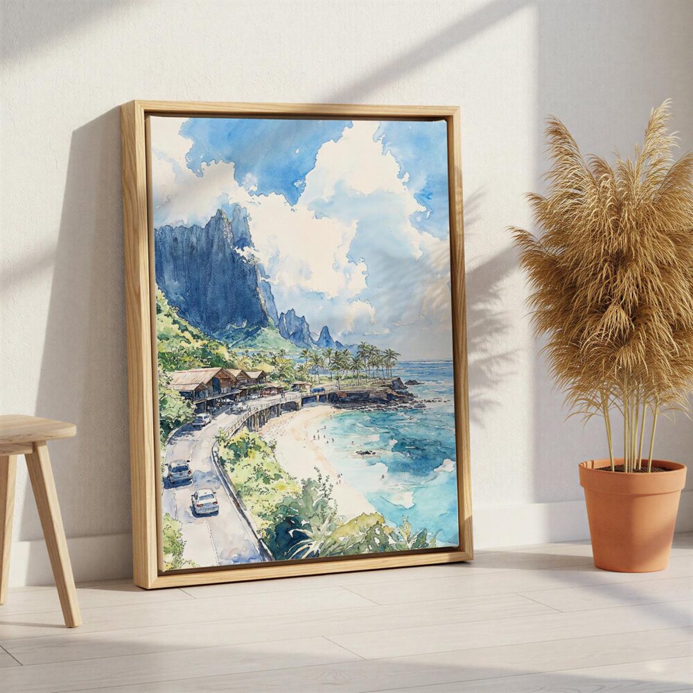 03 - Hawaii - Napali - Watercolor Canvas Print with Natural Floater Frame - Standing on Floor - Vertical.jpg 03 - Hawaii - Napali - Watercolor Canvas Print with Natural Floater Frame - Standing on Floor - Vertical.jpg