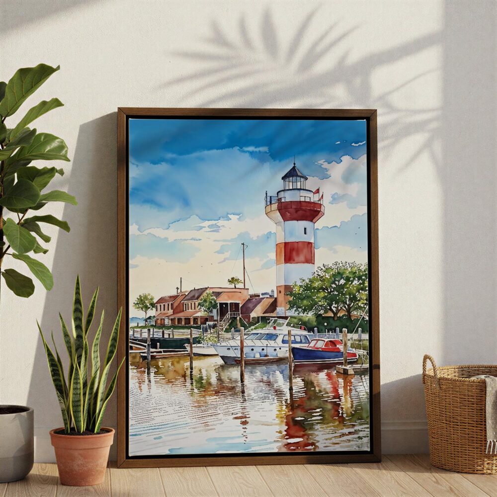 03 - Hilton Head South Carolina Watercolor Canvas Print with Brown Floater Frame - Standing on Floor - Vertical.jpg 03 - Hilton Head South Carolina Watercolor Canvas Print with Brown Floater Frame - Standing on Floor - Vertical.jpg