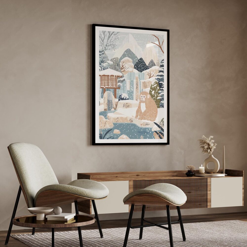 03 - Japanese Macaque in Outdoor Onsen Winter Landscape Illustration Art Print with Black Frame in Japandi Living Room.jpg 03 - Japanese Macaque in Outdoor Onsen Winter Landscape Illustration Art Print with Black Frame in Japandi Living Room.jpg