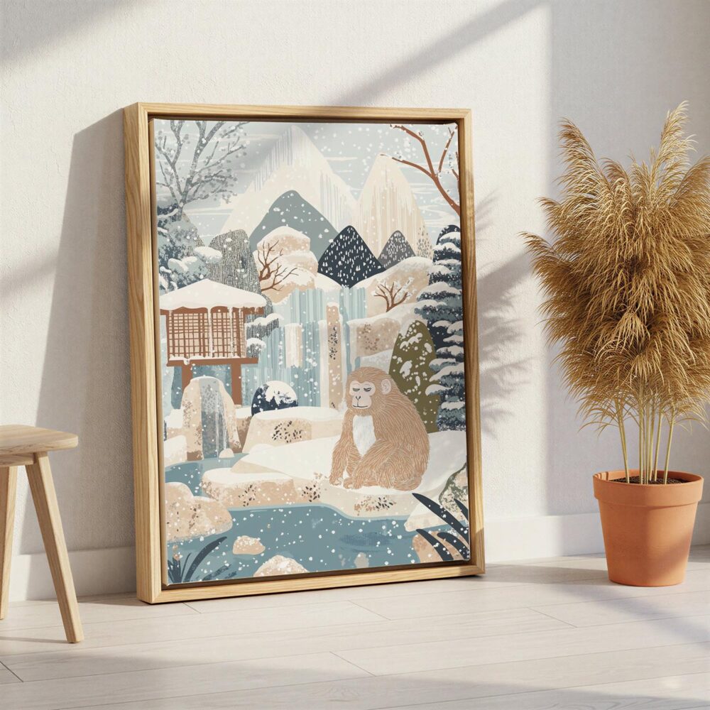 03 - Japanese Macaque in Outdoor Onsen Winter Landscape Illustration Canvas Print with Natural Floater Frame - Standing on Floor - Vertical.jpg 03 - Japanese Macaque in Outdoor Onsen Winter Landscape Illustration Canvas Print with Natural Floater Frame - Standing on Floor - Vertical.jpg