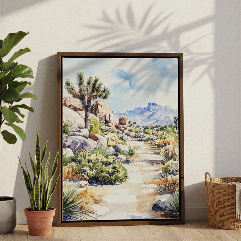 03 - Joshua Tree Watercolor Canvas Print with Brown Floater Frame - Standing on Floor - Vertical.jpg 03 - Joshua Tree Watercolor Canvas Print with Brown Floater Frame - Standing on Floor - Vertical.jpg