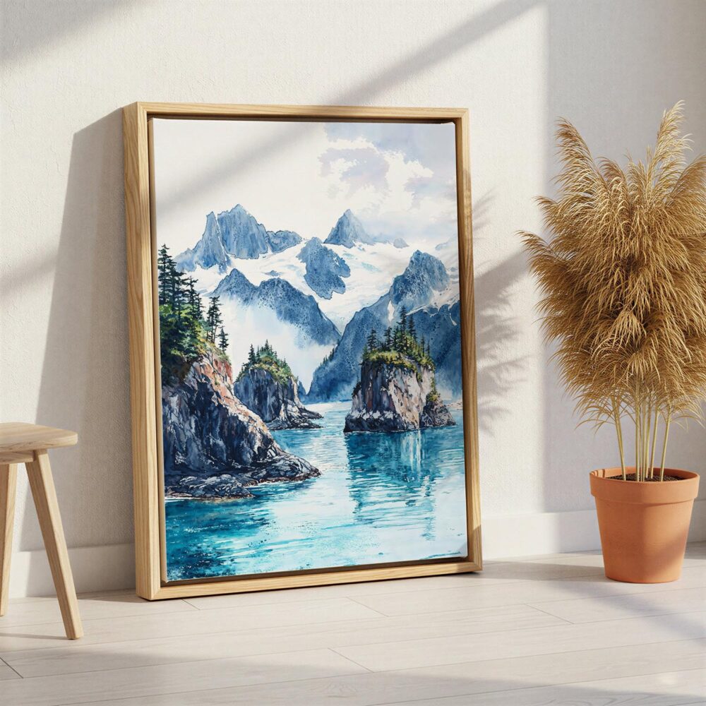 03 - Kenai Fjords National Park Watercolor Canvas Print with Natural Floater Frame - Standing on Floor - Vertical.jpg 03 - Kenai Fjords National Park Watercolor Canvas Print with Natural Floater Frame - Standing on Floor - Vertical.jpg
