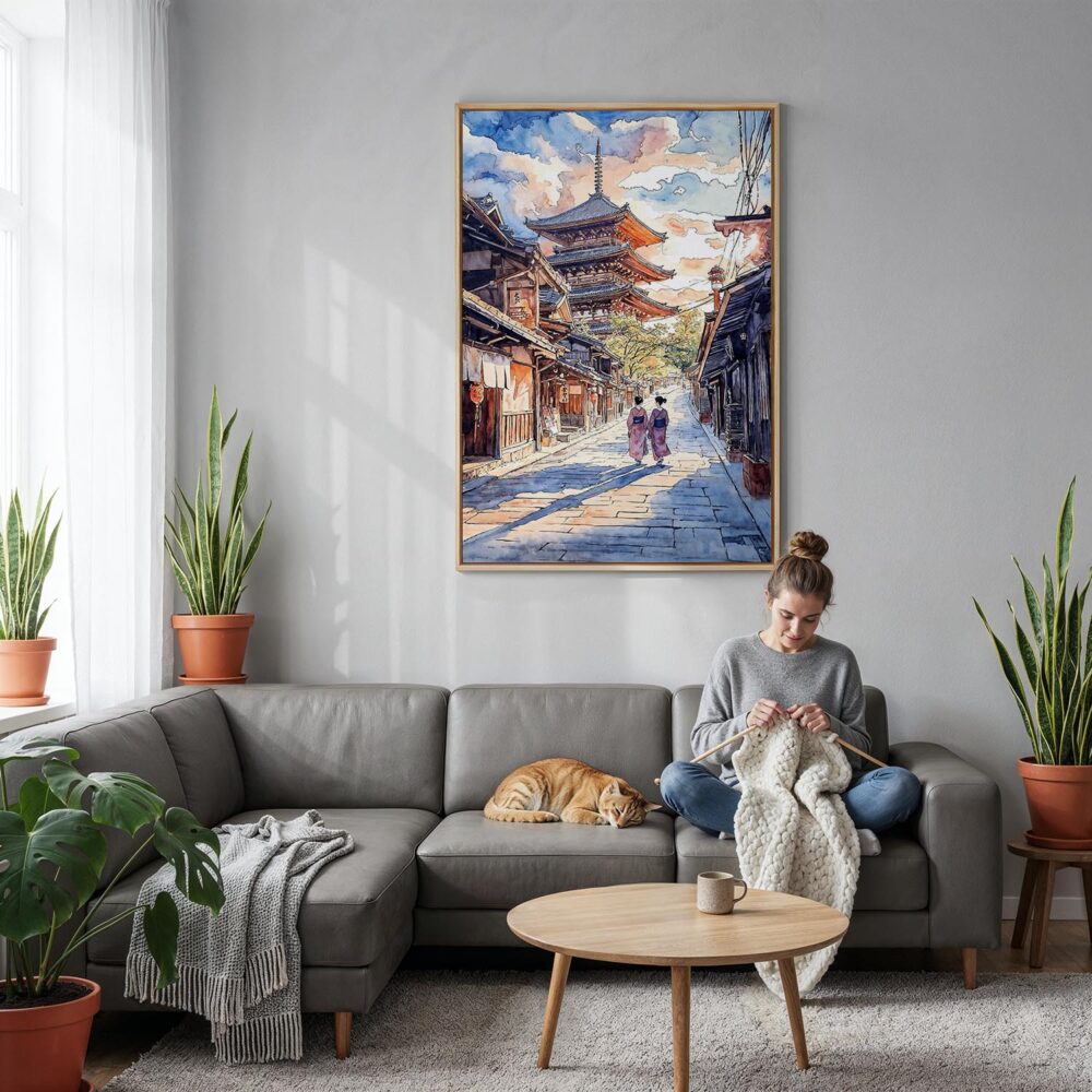 03 - Kyoto Hokan-ji Temple Canvas Print with Natural Floater Frame - Woman Knitting on grey couch - Vertical.jpg 03 - Kyoto Hokan-ji Temple Canvas Print with Natural Floater Frame - Woman Knitting on grey couch - Vertical.jpg