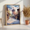 03 - Kyoto Japan - Pagoda - Sunset - Watercolor 2 Canvas Print with Natural Floater Frame - Standing on Floor - Vertical.jpg
