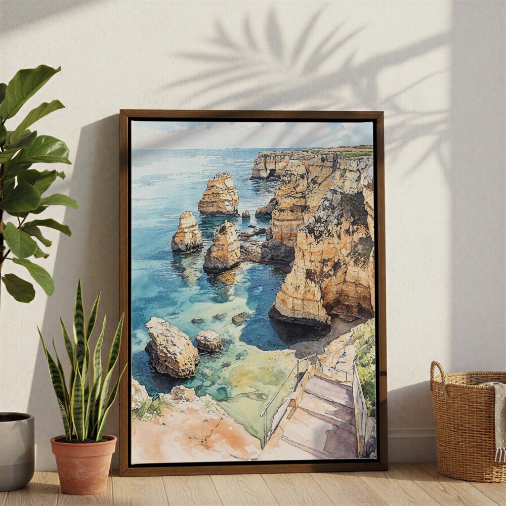 03 - Lagos Portgual Cliffs Watercolor Canvas Print with Brown Floater Frame - Standing on Floor - Vertical.jpg 03 - Lagos Portgual Cliffs Watercolor Canvas Print with Brown Floater Frame - Standing on Floor - Vertical.jpg