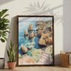 03 - Lagos Portgual Cliffs Watercolor Canvas Print with Brown Floater Frame - Standing on Floor - Vertical.jpg