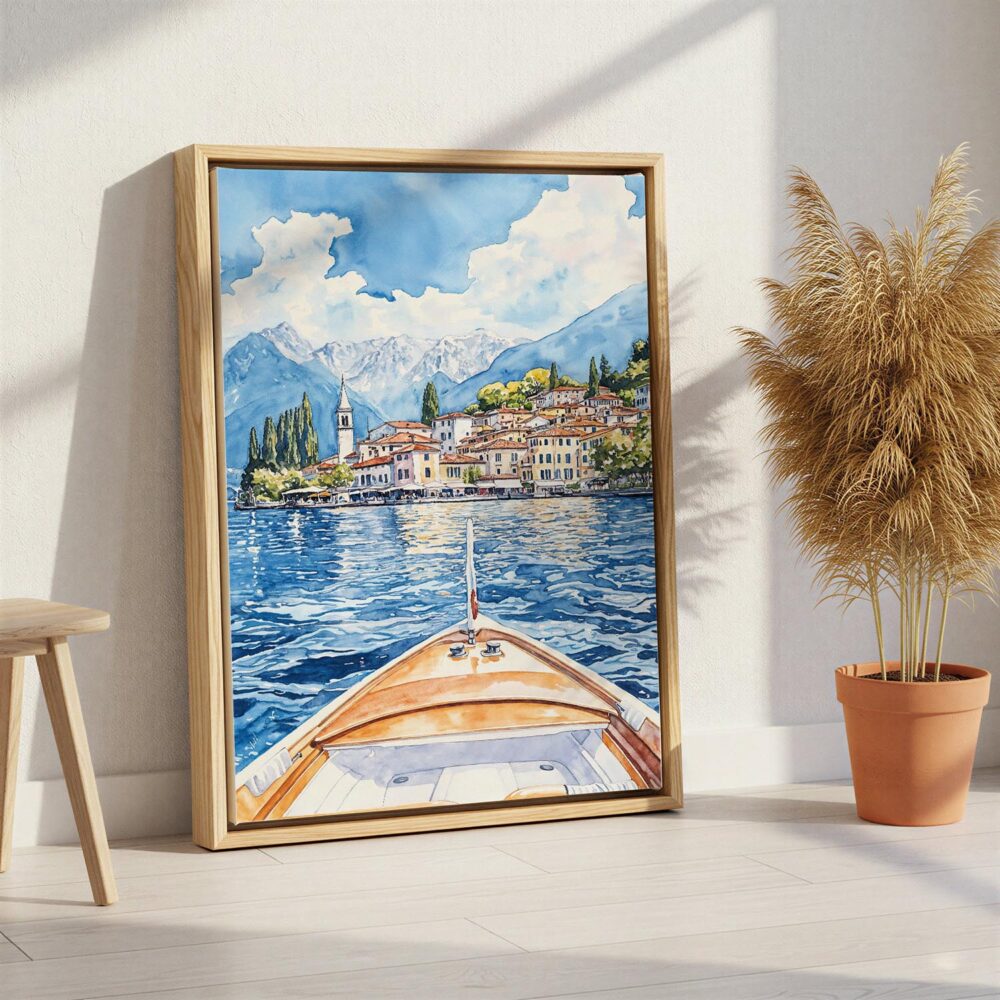 03 - Lake Como Boat View Watercolor Canvas Print with Natural Floater Frame - Standing on Floor - Vertical.jpg 03 - Lake Como Boat View Watercolor Canvas Print with Natural Floater Frame - Standing on Floor - Vertical.jpg