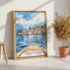 03 - Lake Como Boat View Watercolor Canvas Print with Natural Floater Frame - Standing on Floor - Vertical.jpg
