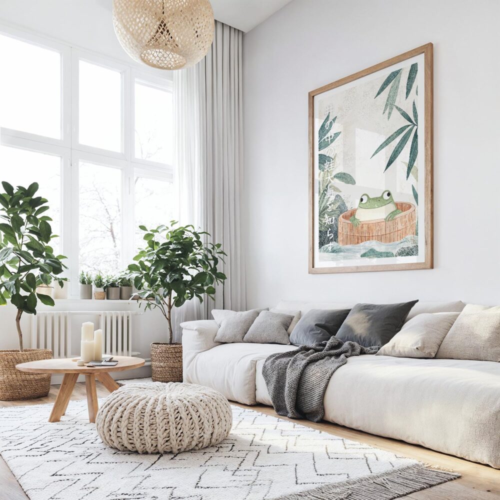 03 - Large Cute Frog in Japanese Bathtub Illustration - 井の中の蛙大海を知らず Art Print with Wood Frame in Boho Living Room - Vertical.jpg 03 - Large Cute Frog in Japanese Bathtub Illustration - 井の中の蛙大海を知らず Art Print with Wood Frame in Boho Living Room - Vertical.jpg