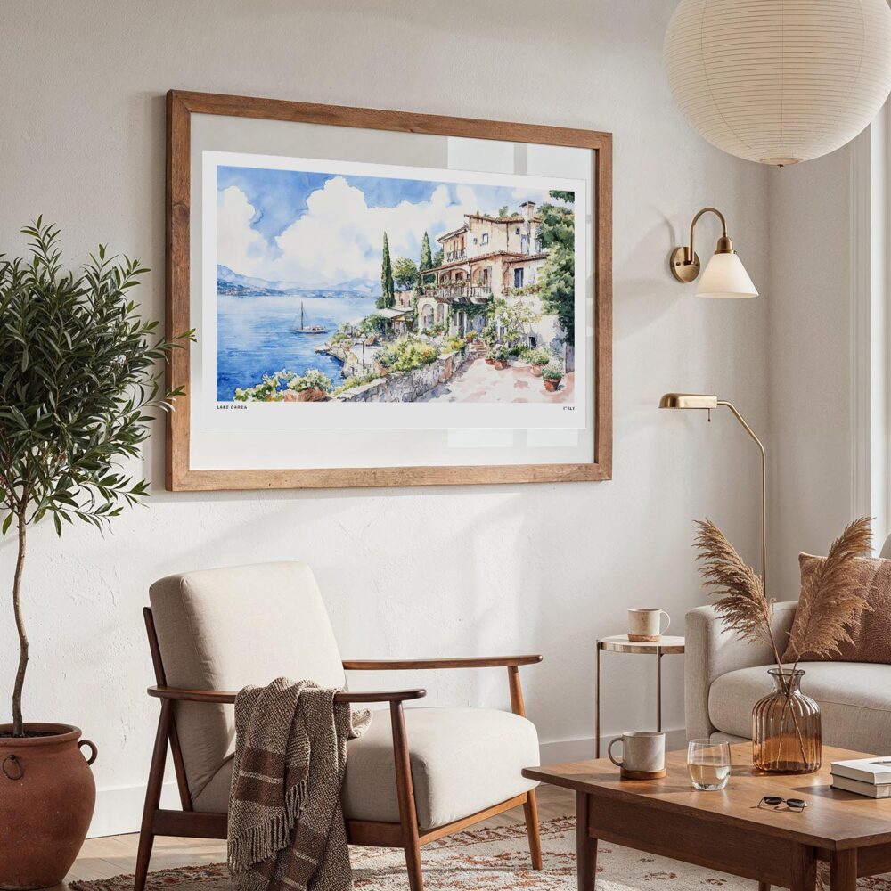 03 - Large House by Lake Garda Watercolor - Horizontal Art Print in Boho Living Room with vintage Wood frame.jpg 03 - Large House by Lake Garda Watercolor - Horizontal Art Print in Boho Living Room with vintage Wood frame.jpg