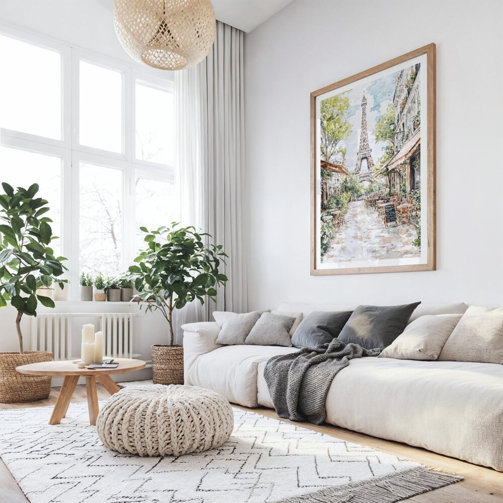 03 - Large Paris Cafe street scene with eiffel tower Watercolor@2x Art Print with Wood Frame in Boho Living Room - Vertical.jpg 03 - Large Paris Cafe street scene with eiffel tower Watercolor@2x Art Print with Wood Frame in Boho Living Room - Vertical.jpg