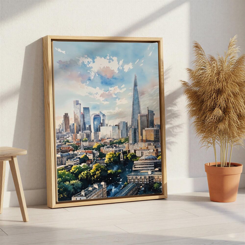 03 - London The Shard Watercolor Canvas Print with Natural Floater Frame - Standing on Floor - Vertical.jpg 03 - London The Shard Watercolor Canvas Print with Natural Floater Frame - Standing on Floor - Vertical.jpg