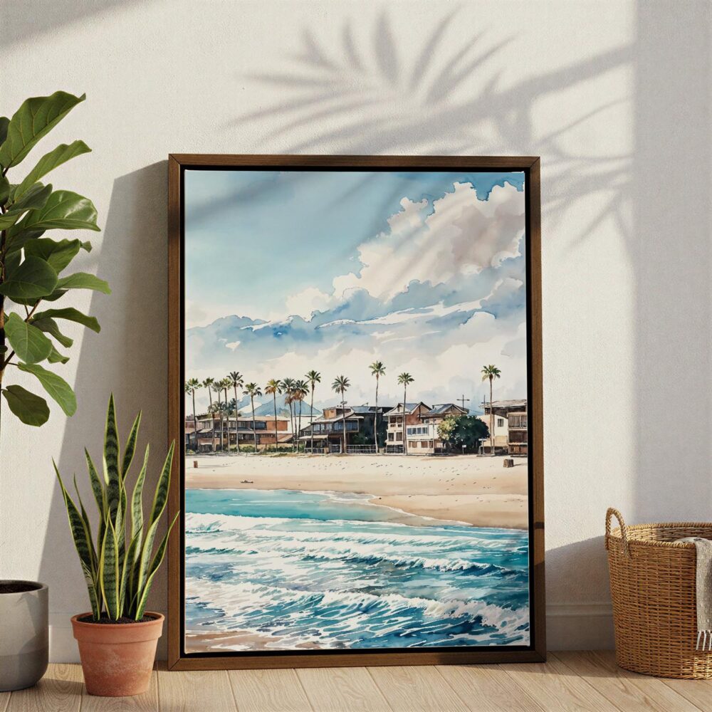 03 - Los Angeles Waterfront Homes Watercolor Canvas Print with Brown Floater Frame - Standing on Floor - Vertical.jpg 03 - Los Angeles Waterfront Homes Watercolor Canvas Print with Brown Floater Frame - Standing on Floor - Vertical.jpg