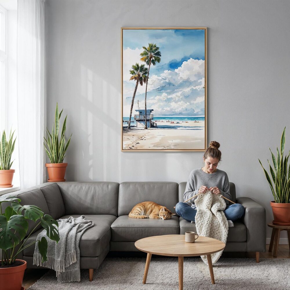 03 - Los Angeles beach lifeguard tower Watercolor Canvas Print with Natural Floater Frame - Woman Knitting on grey couch - Vertical.jpg 03 - Los Angeles beach lifeguard tower Watercolor Canvas Print with Natural Floater Frame - Woman Knitting on grey couch - Vertical.jpg