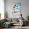 03 - Los Angeles beach lifeguard tower Watercolor Canvas Print with Natural Floater Frame - Woman Knitting on grey couch - Vertical.jpg