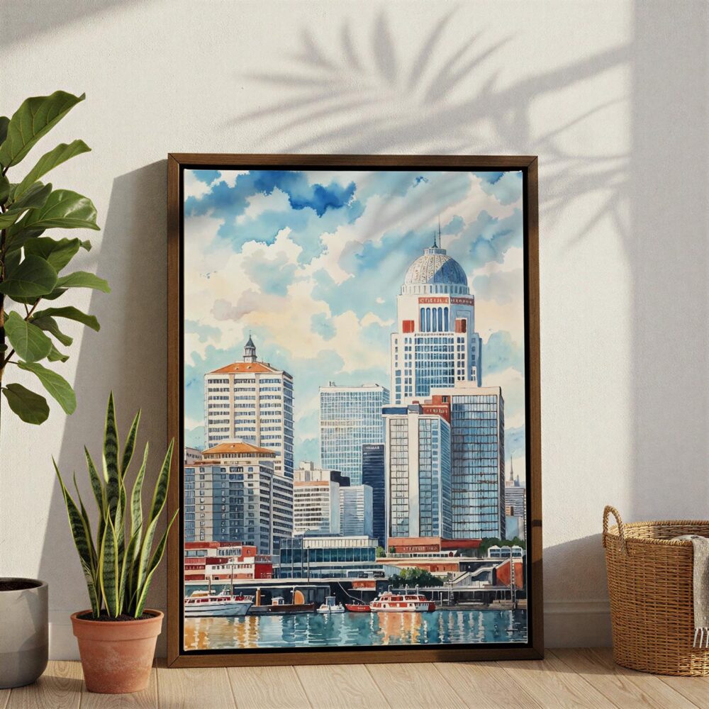 03 - Louisville Kentucky Watercolor Canvas Print with Brown Floater Frame - Standing on Floor - Vertical.jpg 03 - Louisville Kentucky Watercolor Canvas Print with Brown Floater Frame - Standing on Floor - Vertical.jpg
