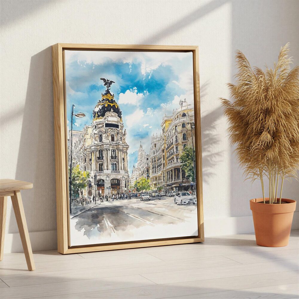 03 - Madrid Watercolor Canvas Print with Natural Floater Frame - Standing on Floor - Vertical.jpg 03 - Madrid Watercolor Canvas Print with Natural Floater Frame - Standing on Floor - Vertical.jpg