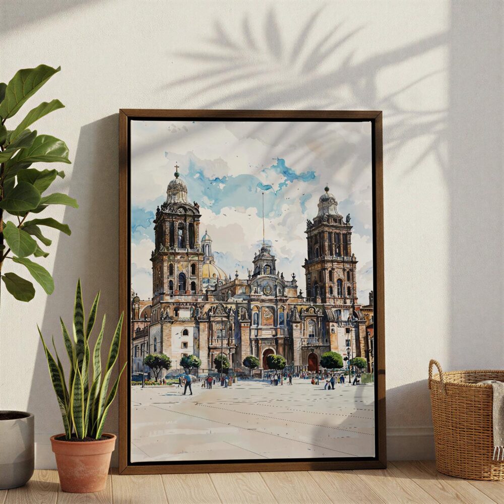03 - Mexico Metropolitan Cathedral Watercolor Canvas Print with Brown Floater Frame - Standing on Floor - Vertical.jpg 03 - Mexico Metropolitan Cathedral Watercolor Canvas Print with Brown Floater Frame - Standing on Floor - Vertical.jpg