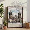 03 - Mexico Metropolitan Cathedral Watercolor Canvas Print with Brown Floater Frame - Standing on Floor - Vertical.jpg