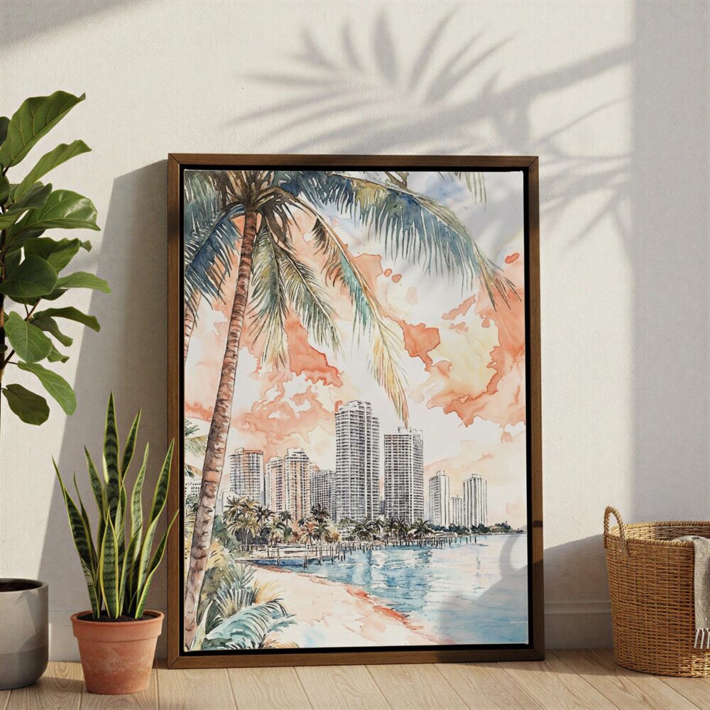 03 - Miami Florida Sunset Watercolor Canvas Print with Brown Floater Frame - Standing on Floor - Vertical.jpg 03 - Miami Florida Sunset Watercolor Canvas Print with Brown Floater Frame - Standing on Floor - Vertical.jpg