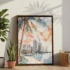 03 - Miami Florida Sunset Watercolor Canvas Print with Brown Floater Frame - Standing on Floor - Vertical.jpg