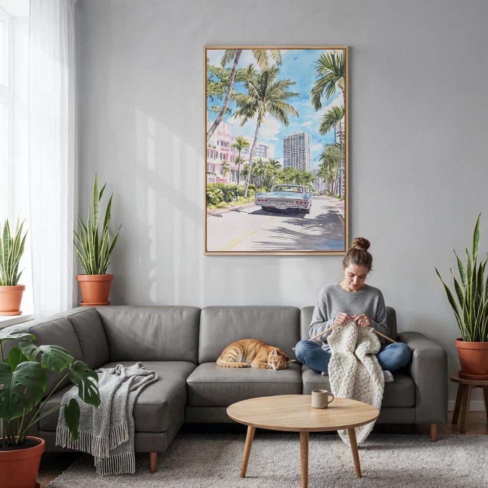 03 - Miami Watercolor Canvas Print with Natural Floater Frame - Woman Knitting on grey couch - Vertical.jpg 03 - Miami Watercolor Canvas Print with Natural Floater Frame - Woman Knitting on grey couch - Vertical.jpg