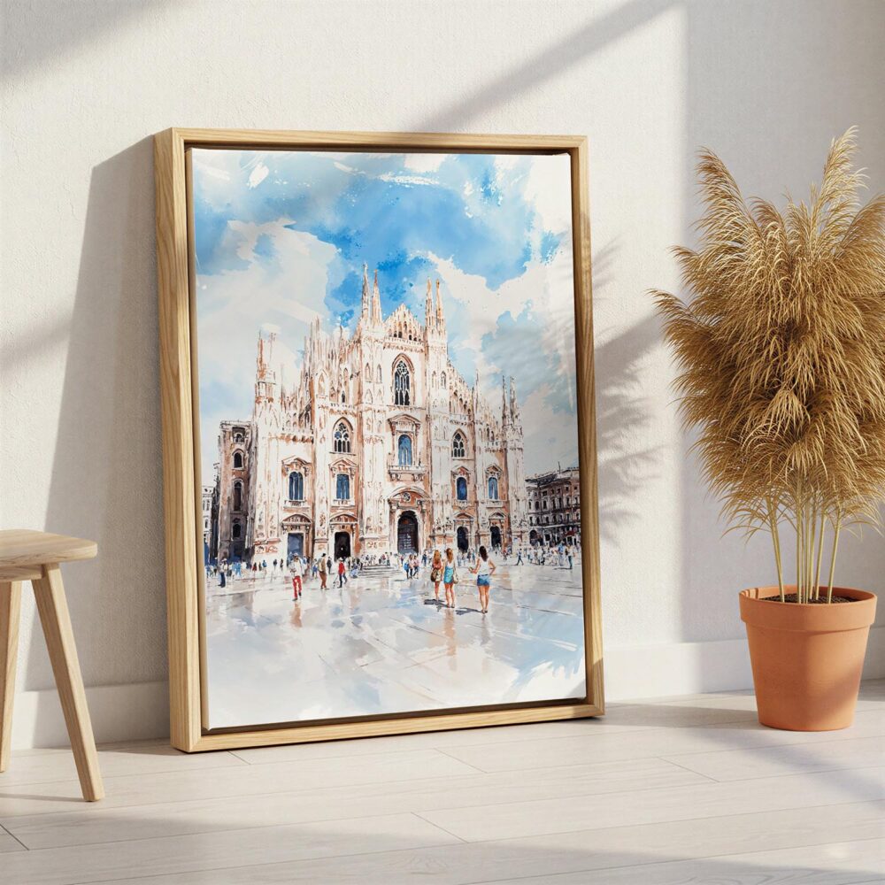 03 - Milano Italy Watercolor Canvas Print with Natural Floater Frame - Standing on Floor - Vertical.jpg 03 - Milano Italy Watercolor Canvas Print with Natural Floater Frame - Standing on Floor - Vertical.jpg