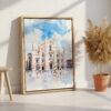 03 - Milano Italy Watercolor Canvas Print with Natural Floater Frame - Standing on Floor - Vertical.jpg