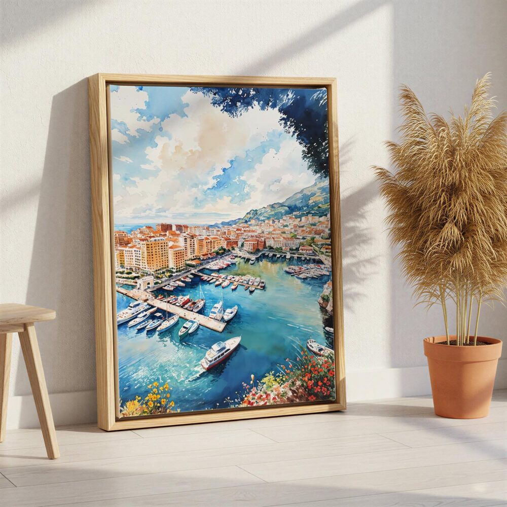 03 - Monaco France Watercolor Canvas Print with Natural Floater Frame - Standing on Floor - Vertical.jpg 03 - Monaco France Watercolor Canvas Print with Natural Floater Frame - Standing on Floor - Vertical.jpg