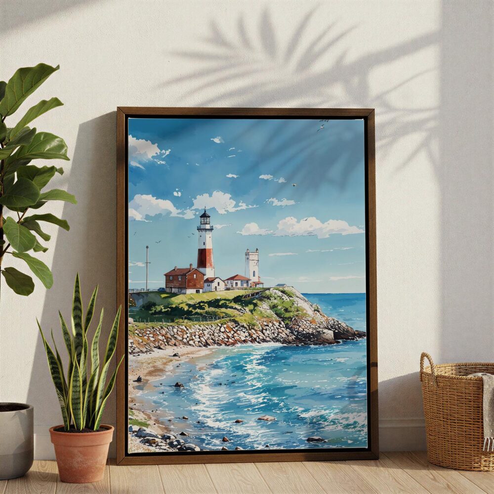 03 - Montauk lighthouse Long Island Watercolor Canvas Print with Brown Floater Frame - Standing on Floor - Vertical.jpg 03 - Montauk lighthouse Long Island Watercolor Canvas Print with Brown Floater Frame - Standing on Floor - Vertical.jpg